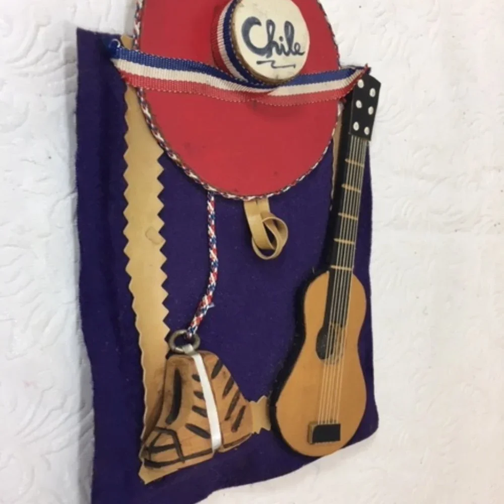 VTG Chile Hanging Table Souvenir Hat Guitar Boots w/Spurs on Felt  4.25
